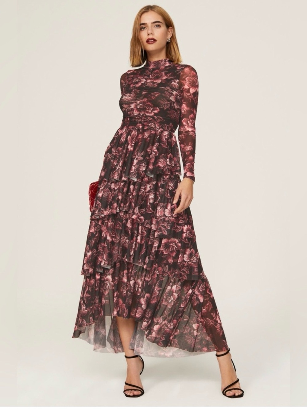 New Ted Baker Women Floral Ruffled Maxi Dress in Burgundy and Pink Size 3